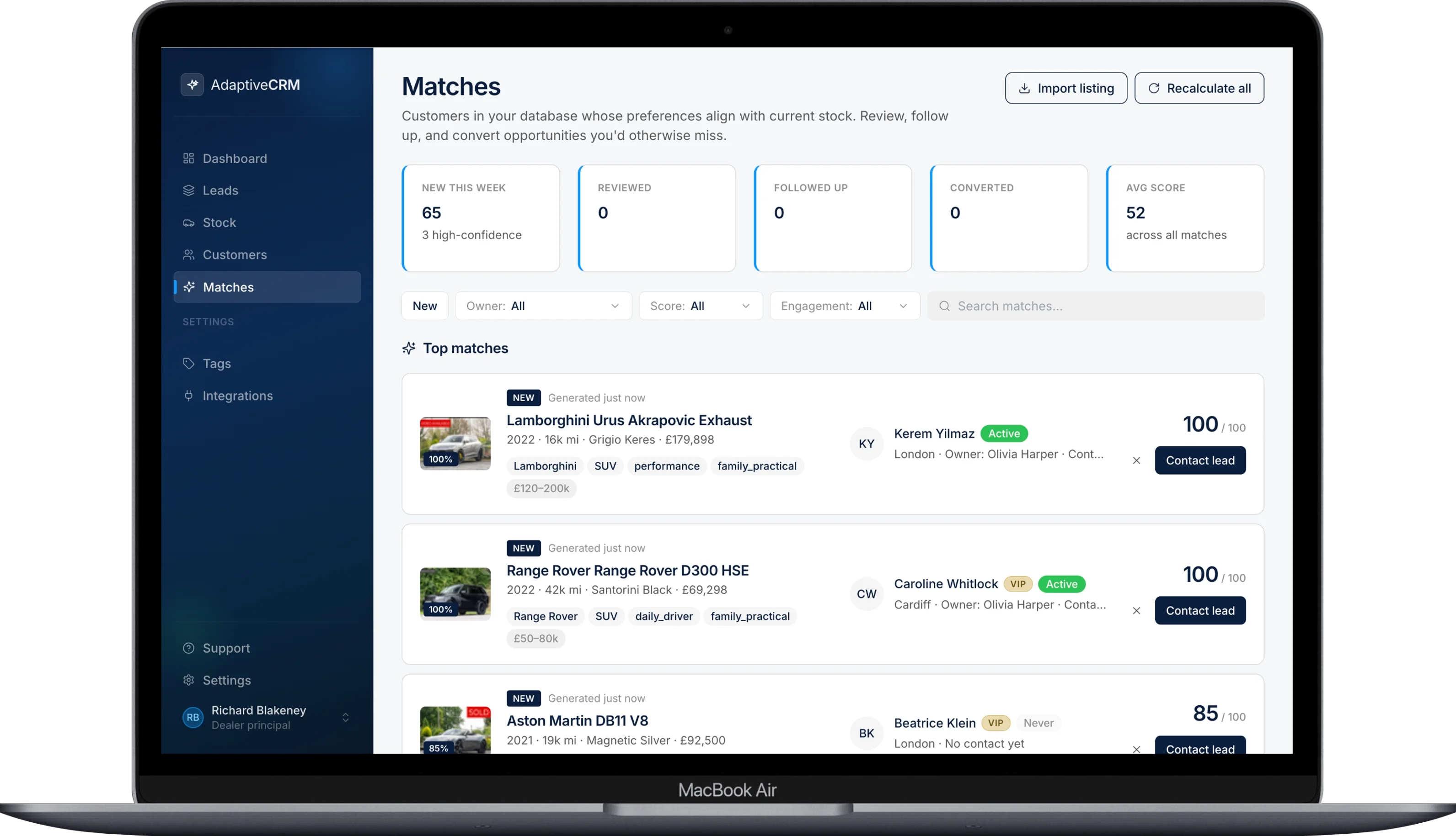 AdaptiveCRM — Customer match results
