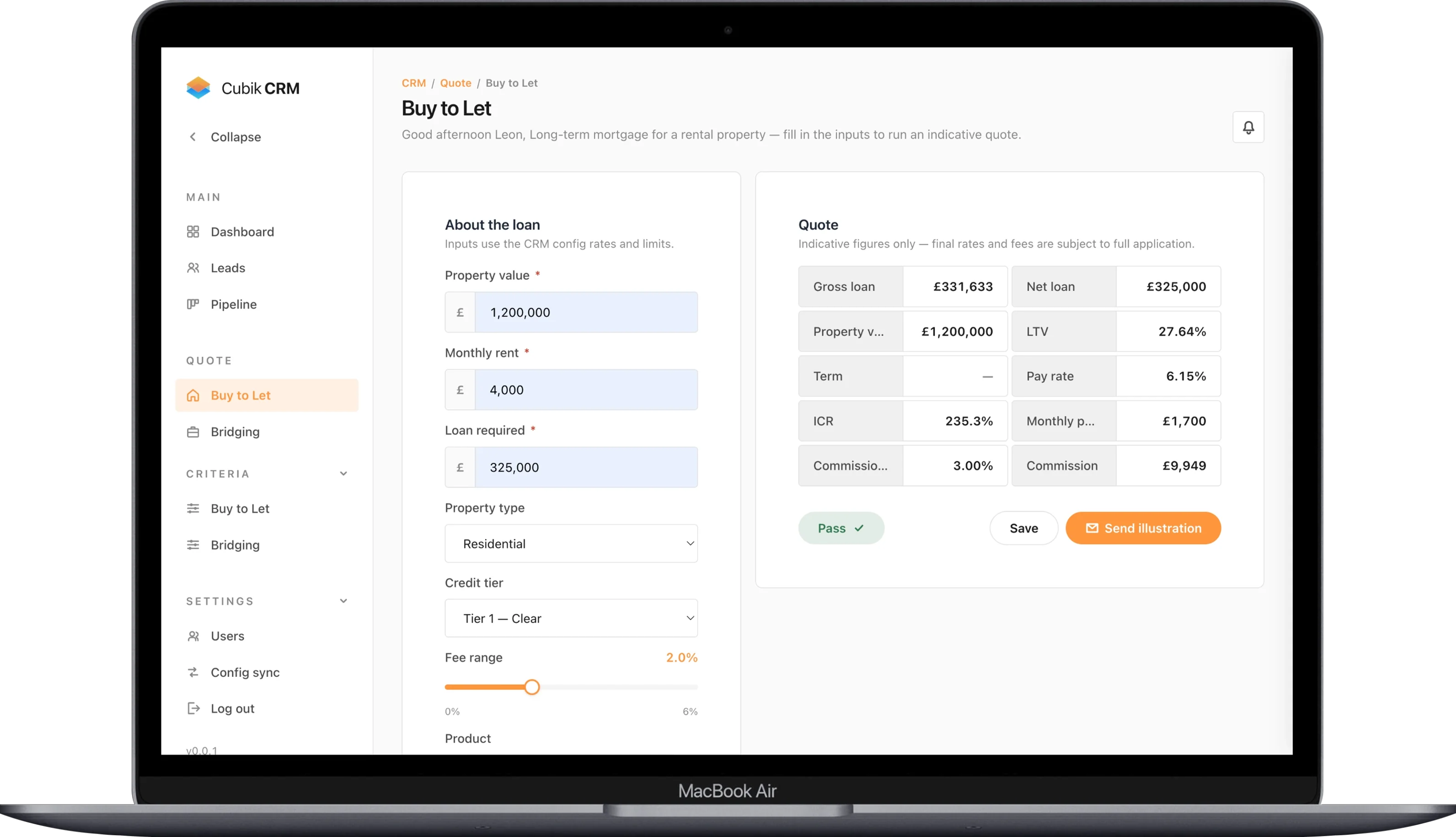 Cubik CRM — Buy to Let quote screen