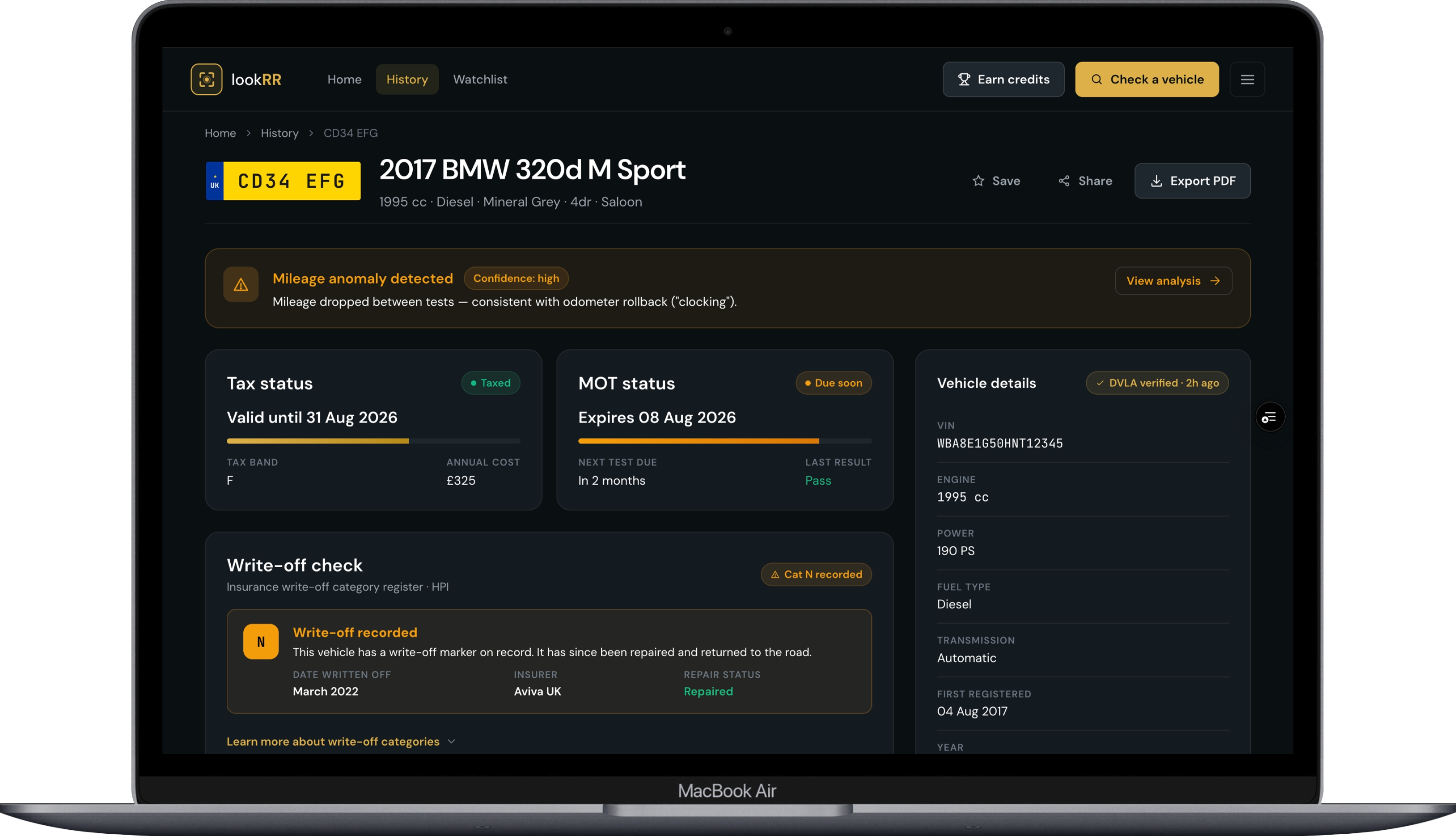 Lookrr — Vehicle check dashboard