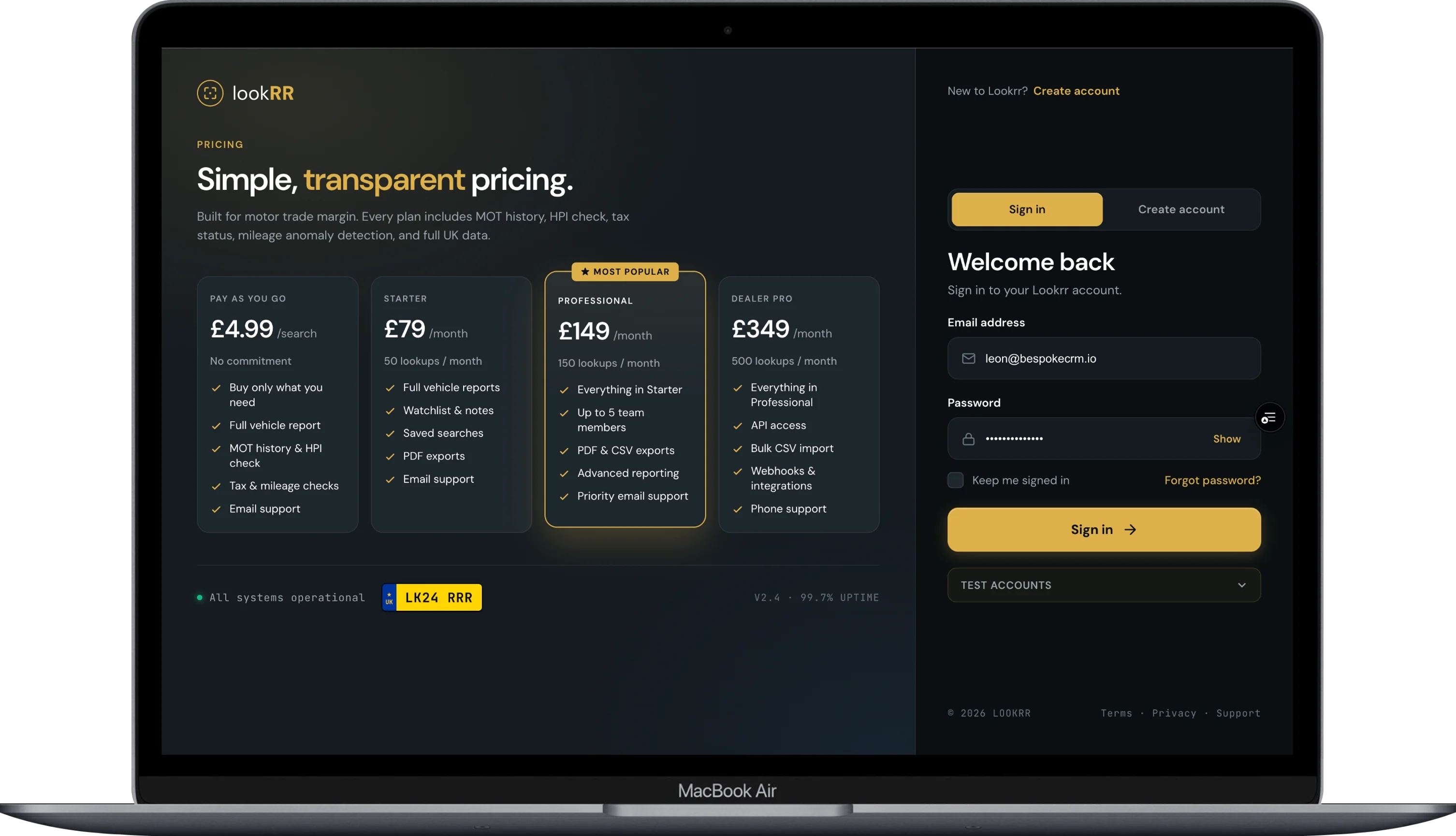 Lookrr — Vehicle check dashboard